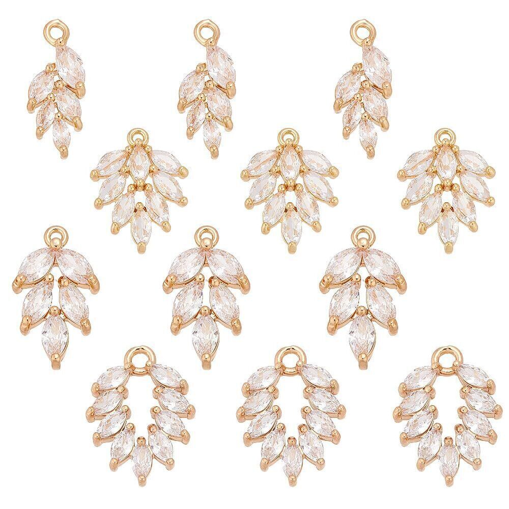 3739 12 Pcs Cubic Zirconia Brass Charms, 4 Styles Light Gold Rhinestone